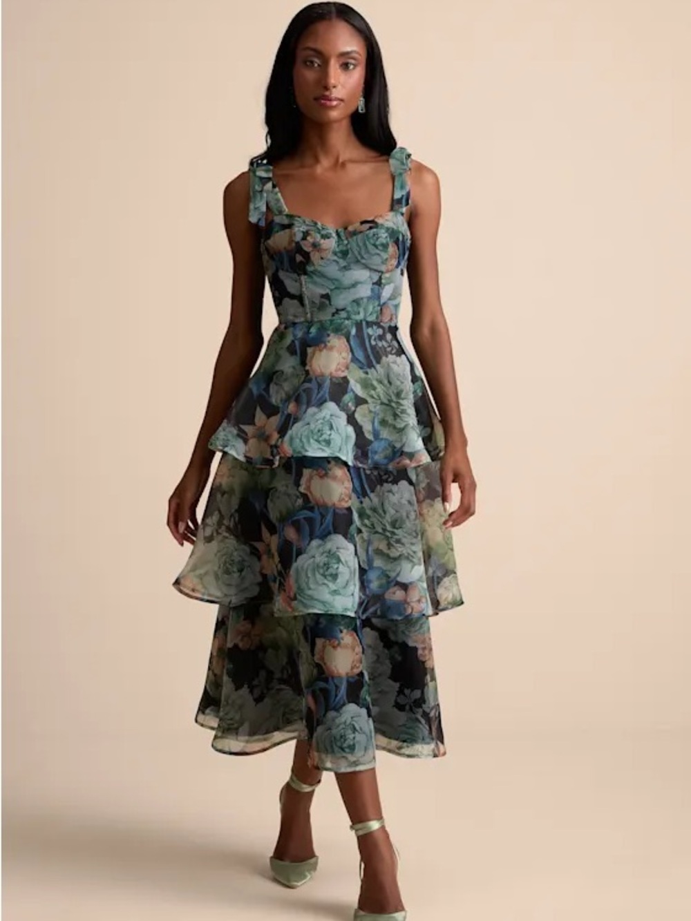 Lulus’s NWT Floral Organza Tie-Strap Tiered Midi Dress